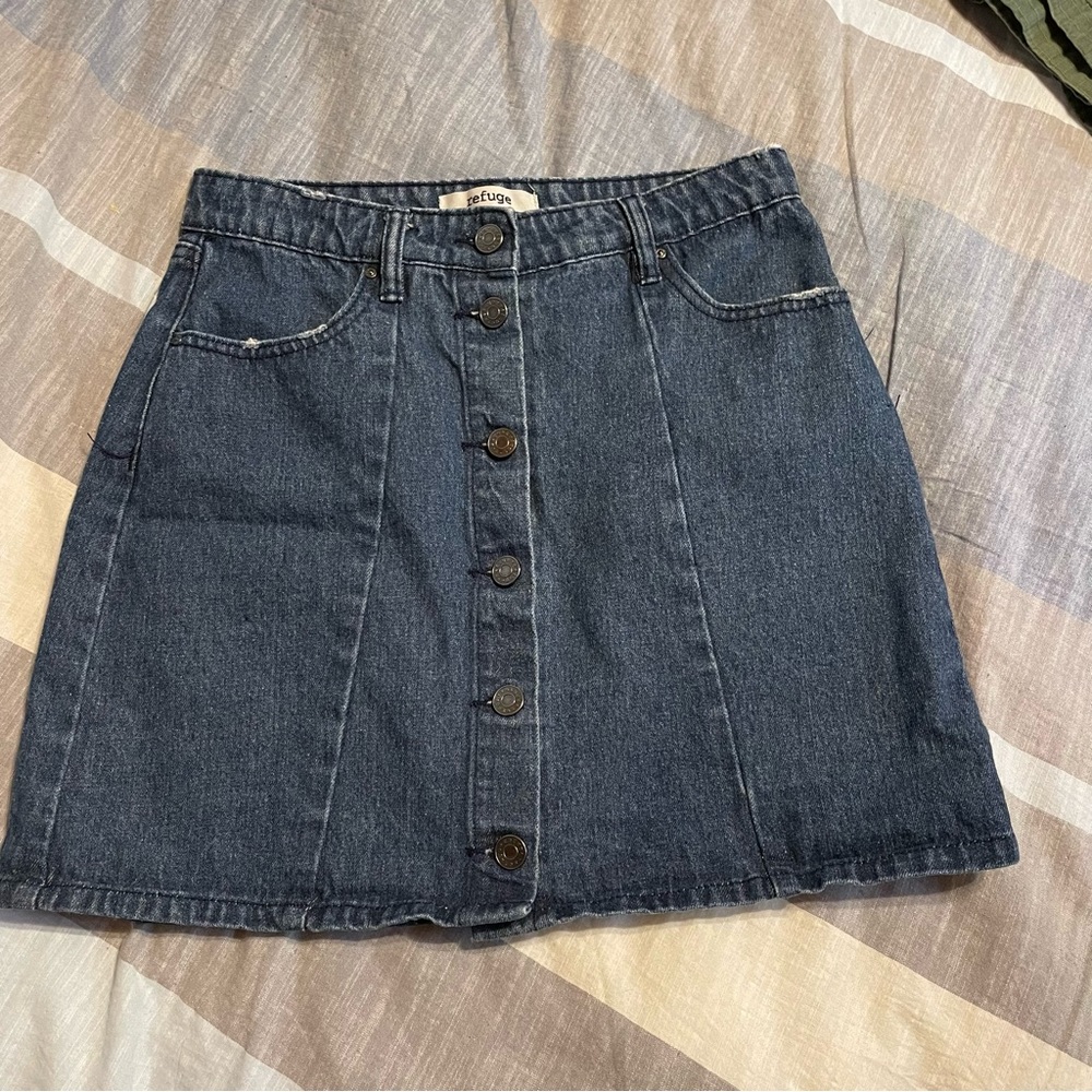 Distressed denim mini skirt